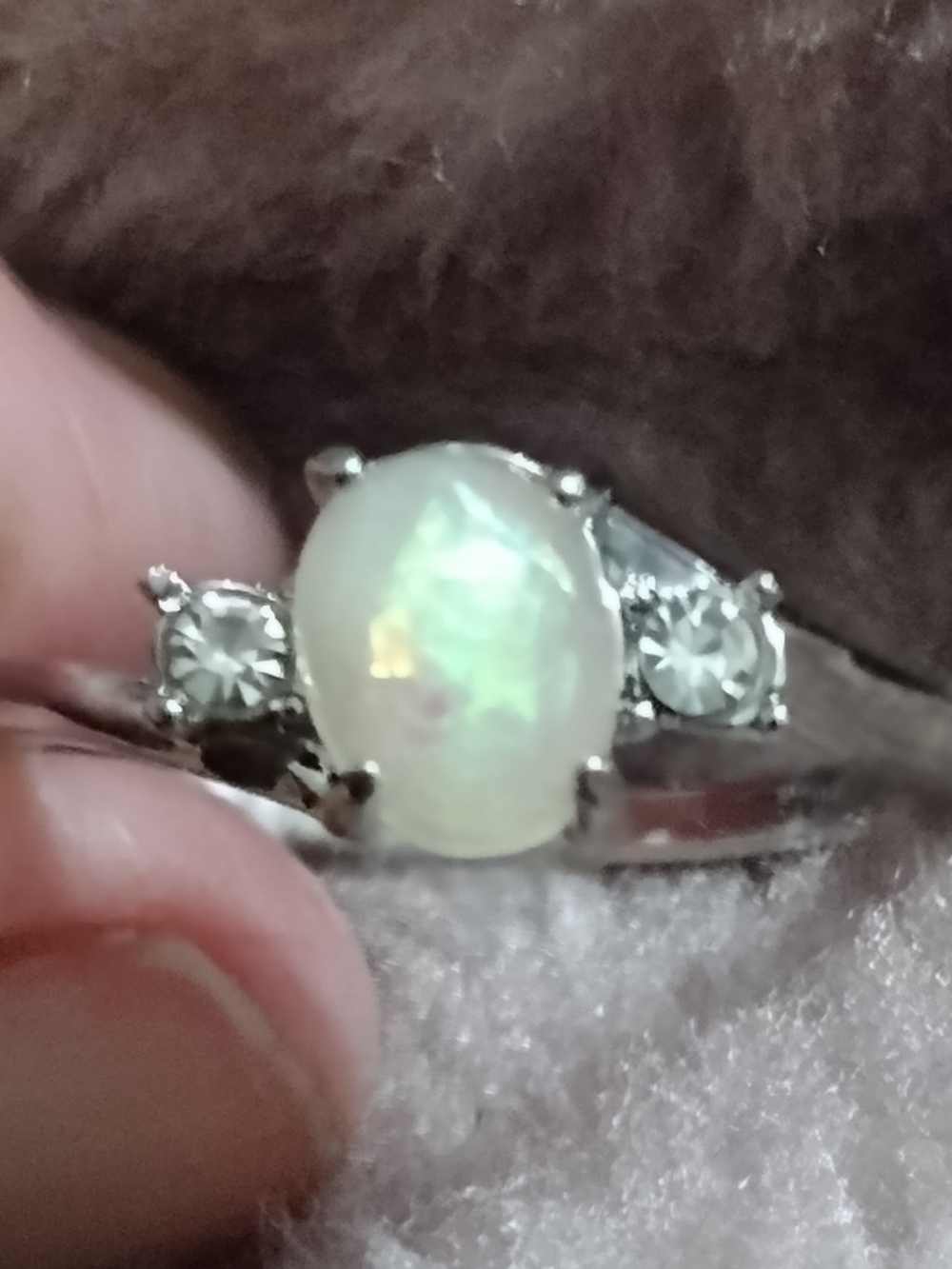 Sterling Opal Three-Stone Ring in White Opal and Silver Costume New No Tags